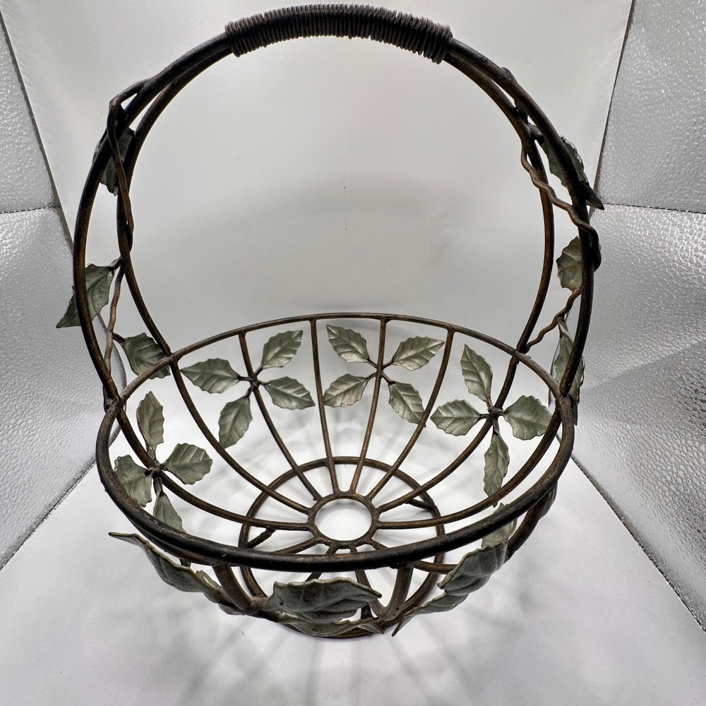Vintage Metal Wire Basket with Leaves Bronze Green Rustic‎ Garden Decor Round